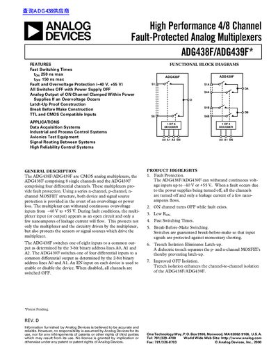 Analog Devices ADG438F/ADG439F Analog Multiplexer Datasheet