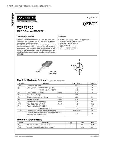 Fairchild FQPF3P50 500V P-Channel MOSFET Datasheet