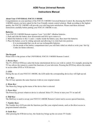 ADB Focus 3-MODE Universal Remote User Manual - cover page