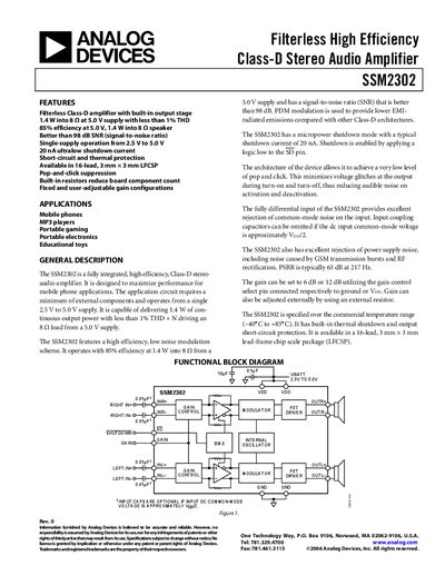 Analog Devices SSM2302 Class-D Stereo Audio Amplifier Datasheet