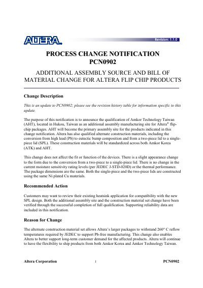 Altera PCN 0902 Additional Assembly Source Bill of Material Change Notification - cover page