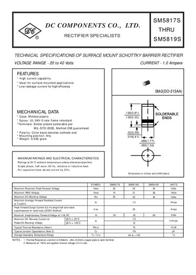 DC COMPONENTS SM5817S - SM5819S Schottky Barrier Rectifier Datasheet - cover page