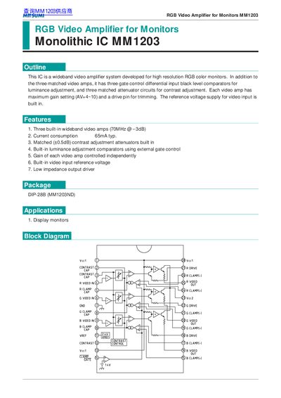 Mitsumi MM1203 RGB Video Amplifier for Monitors Datasheet - cover page