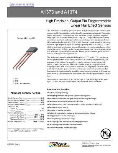 Allegro MicroSystems A1373/A1374 Linear Hall Effect Sensors Datasheet - cover page
