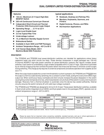Texas Instruments TPS2046/TPS2056 Dual Current-Limited Power-Distribution Switches Datasheet - cover page