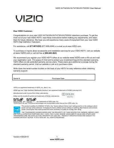 VIZIO XVT423SV/XVT473SV/XVT553SV User Manual - cover page