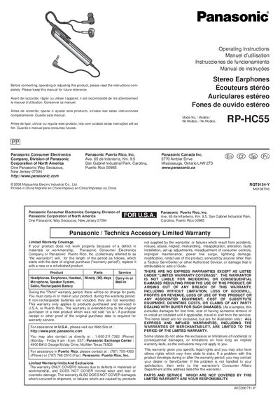 Panasonic RP-HC55 Stereo Earphones Operating Instructions - cover page