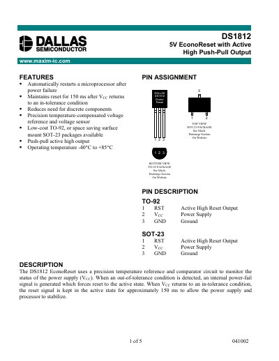 Dallas DS1812 EconoReset Datasheet - cover page