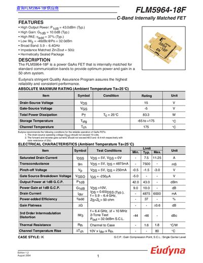 Eudyna FLM5964-18F C-Band Internally Matched FET Datasheet - cover page