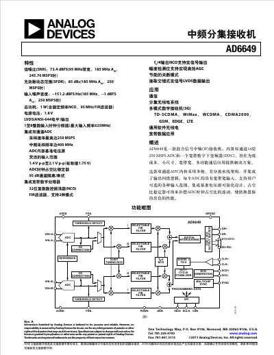 Analog Devices AD6649 IF Diversity Receiver Datasheet