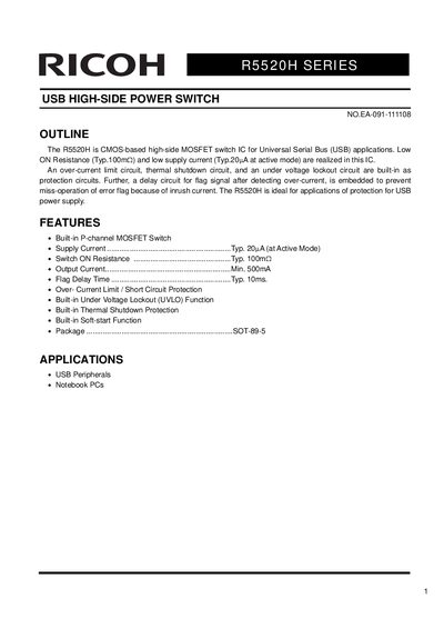 Ricoh R5520H USB High-Side Power Switch Datasheet