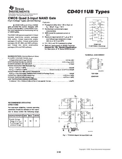 Texas Instruments CD4011UB Quad 2-Input NAND Gate Datasheet - cover page