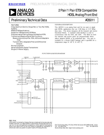 Analog Devices AD5011 Preliminary Technical Data Sheet - cover page