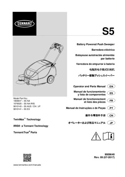Tennant S5 Battery Powered Push Sweeper Operator and Parts Manual - cover page