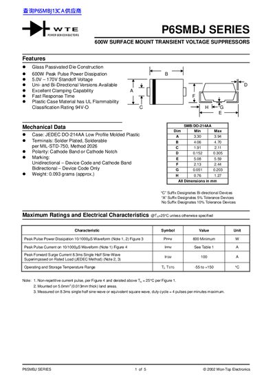 Won-Top Electronics P6SMBJ Series 600W Surface-Mount Transient Voltage Suppressor Datasheet - cover page