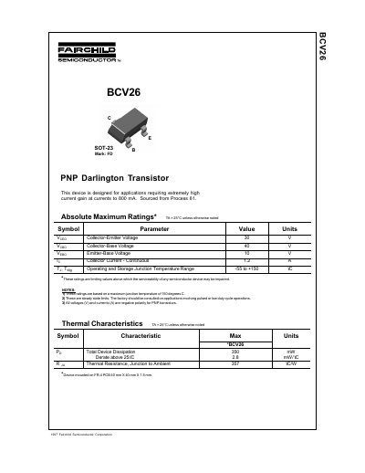 Fairchild BCV26 PNP Darlington Transistor Datasheet - cover page
