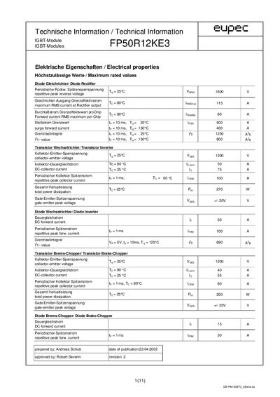 EUPEC FP50R12KE3 IGBT Module Datasheet - cover page