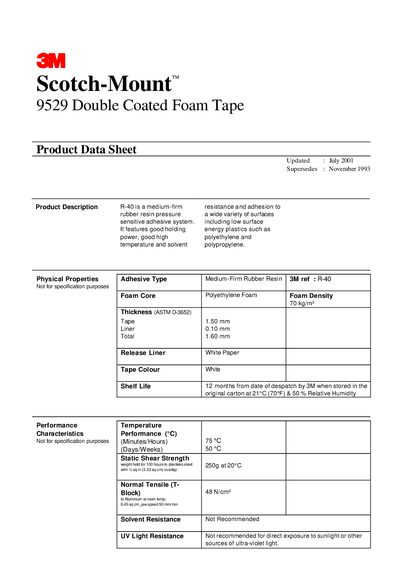 3M 9529 Double Coated Foam Tape Product Data Sheet - cover page