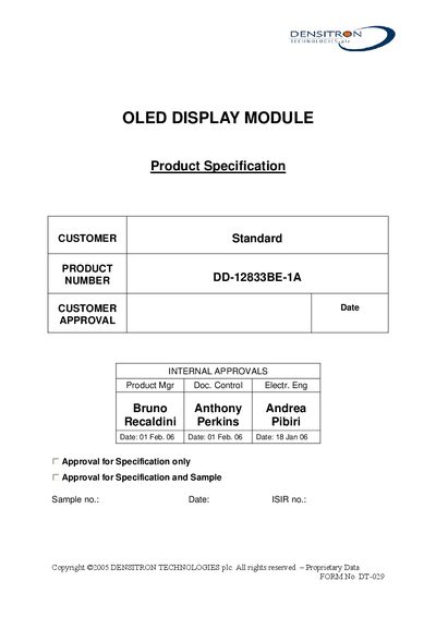 Densitron DD-12833BE-1A OLED Display Module Specification Manual - cover page