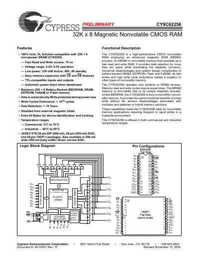 Cypress CY9C62256 32K x 8 Magnetic Nonvolatile CMOS RAM Datasheet - cover page