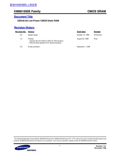 Samsung KM681000E CMOS SRAM Datasheet - cover page