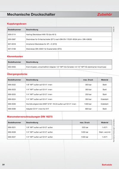 Barksdale Mechanical Pressure Switch Accessories Product Data Sheet - cover page
