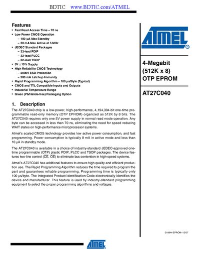 Atmel AT27C040 OTP EPROM Datasheet - cover page