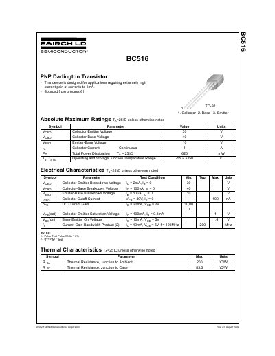 Fairchild BC516 PNP Darlington Transistor Datasheet
