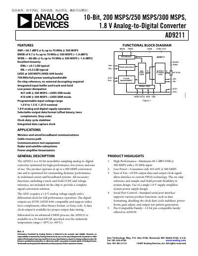 ANALOG DEVICES 10-Bit 200 MSPS/250 MSPS/300 MSPS 1.8 V Analog-to-Digital Converter AD9211 handbook(1) - cover page