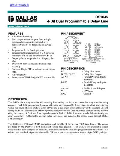 Dallas DS1045 4-Bit Dual Programmable Delay Line Datasheet - cover page