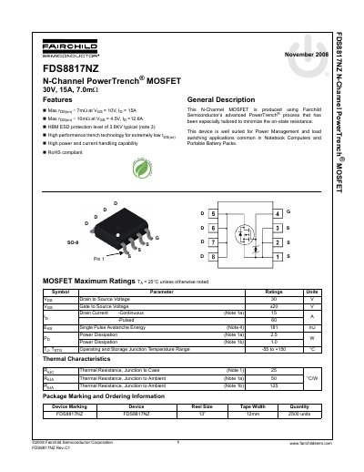 Fairchild Semiconductor FDS8817NZ N-Channel PowerTrench MOSFET Datasheet - cover page