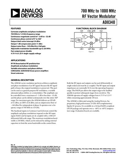 Analog Devices AD8340 RF Vector Modulator Datasheet - cover page