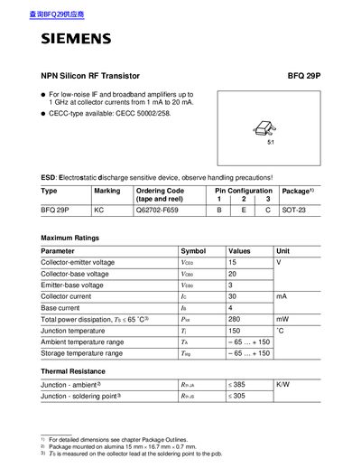 Siemens BFQ 29P NPN Silicon RF Transistor Datasheet - cover page
