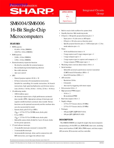 Sharp SM6004/SM6006 16-Bit Single-Chip Microcomputers Datasheet - cover page