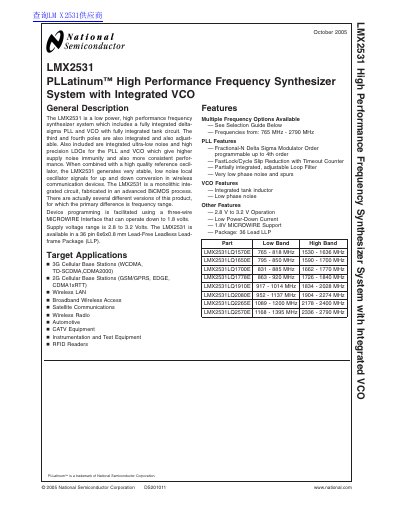 National Semiconductor LMX2531 High Performance Frequency Synthesizer System Datasheet - cover page