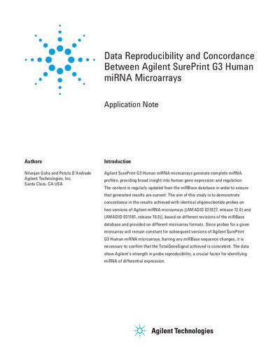 Agilent SurePrint G3 Human miRNA Microarrays Data Reproducibility Application Note - cover page