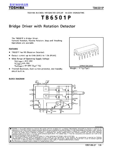 Toshiba TB6501P Bridge Driver Datasheet - cover page
