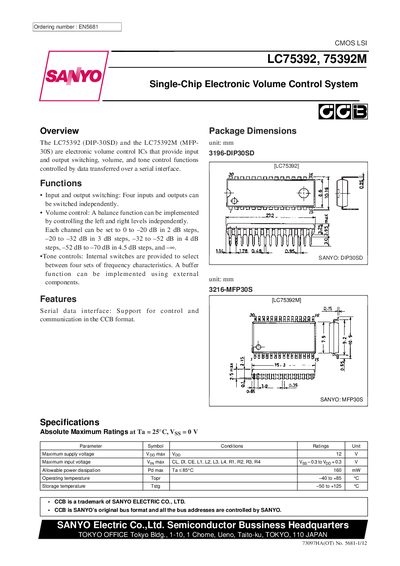 Sanyo LC75392/75392M Single-Chip Electronic Volume Control System Handbook - cover page