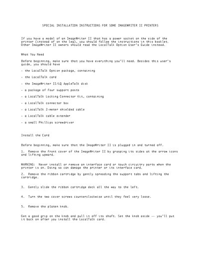 Apple ImageWriter II LocalTalk Option Installation Instructions - cover page