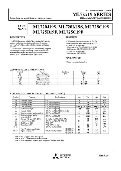 Mitsubishi ML7xx19 Series Laser Diode Datasheet - cover page