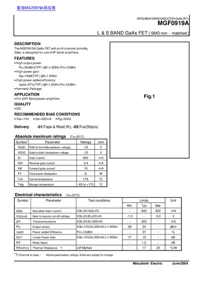 Mitsubishi Electric MGF0919A GaAs FET Datasheet - cover page