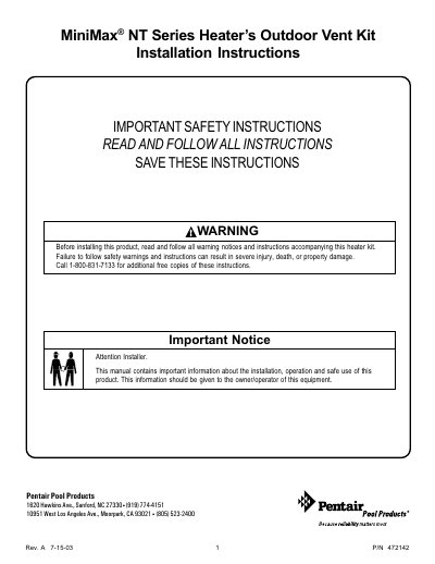 Pentair NT Series Heater Outdoor Vent Kit Installation Instructions - cover page