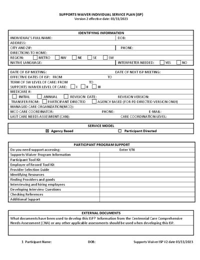 Supports Waiver Individual Service Plan (ISP) - cover page
