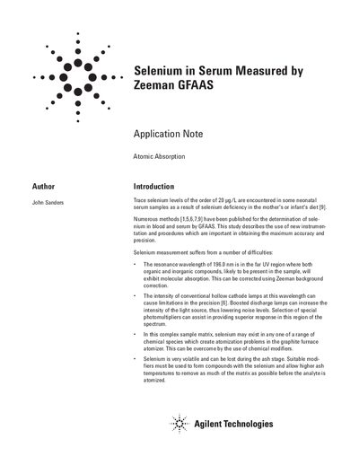 Agilent SpectrAA-880 Selenium in Serum Application Note - cover page