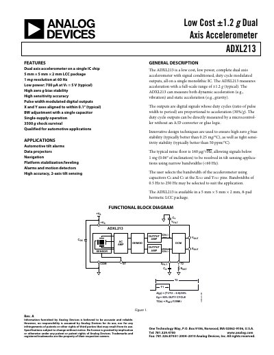 Analog Devices ADXL213 Dual Axis Accelerometer Datasheet - cover page