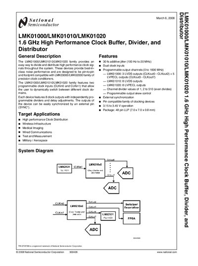 National Semiconductor LMK01000/LMK01010/LMK01020 High‑Performance Clock Buffer Divider Manual - cover page
