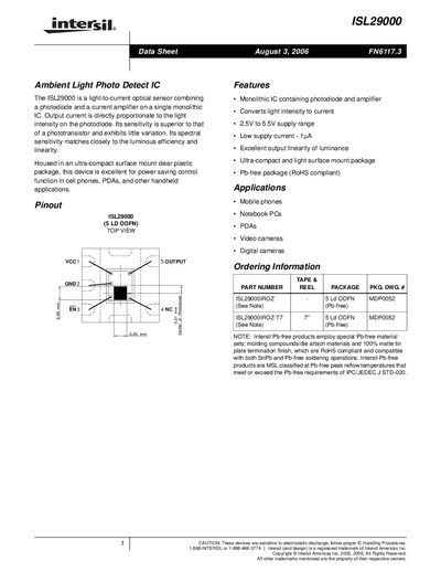 Intersil ISL29000 Ambient Light Photodetector Datasheet - cover page