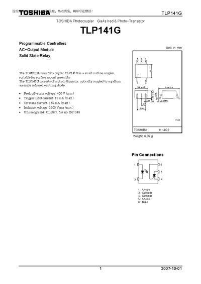 Toshiba TLP141G Photocoupler Datasheet - cover page