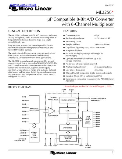 Micro Linear ML2258 8-Bit A/D Converter Datasheet - cover page