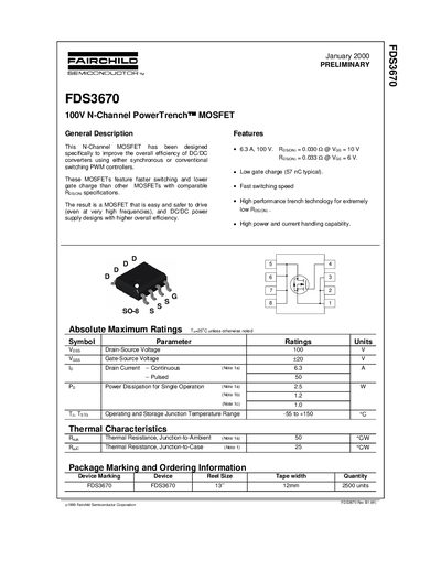 Fairchild FDS3670 N-Channel PowerTrench MOSFET Datasheet - cover page
